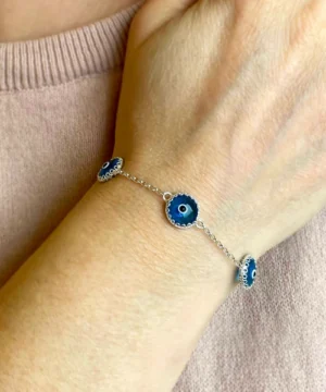 5 Beads Blue Evil Eye Women Silver Link Bracelet 1