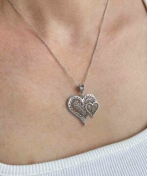 Filigree Art Double Heart Women Silver Pendant Necklace