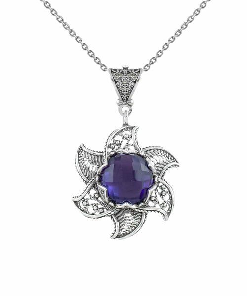 Sterling Silver Filigree Lotus Flower Pendant with Amethyst Gemstones