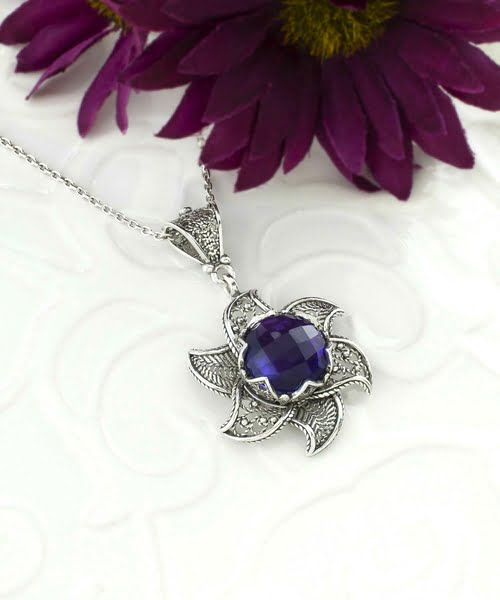 Sterling Silver Filigree Lotus Flower Pendant with Amethyst Gemstones 2