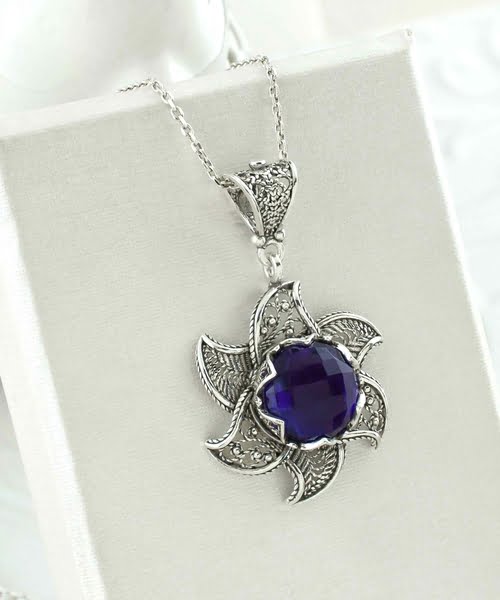 Sterling Silver Filigree Lotus Flower Pendant with Amethyst Gemstones 3