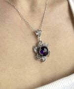 Sterling Silver Filigree Lotus Flower Pendant with Amethyst Gemstones 1