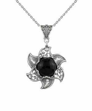 Sterling Silver Filigree Black Onyx Gemstone Blossoming Lotus Flower