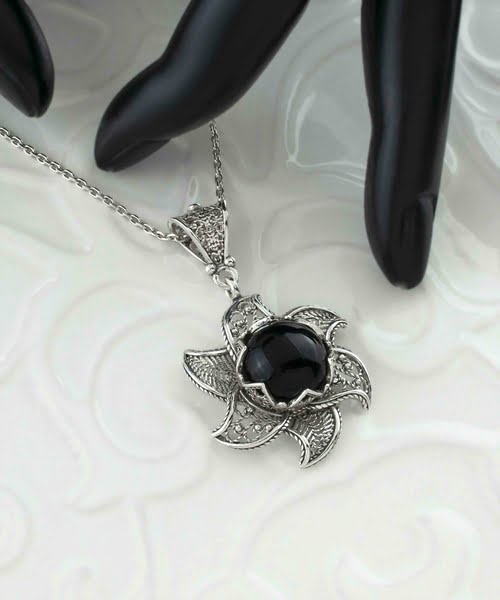Sterling Silver Filigree Black Onyx Gemstone Blossoming Lotus Flower 2