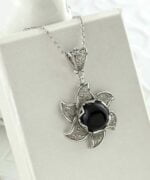 Sterling Silver Filigree Black Onyx Gemstone Blossoming Lotus Flower 3
