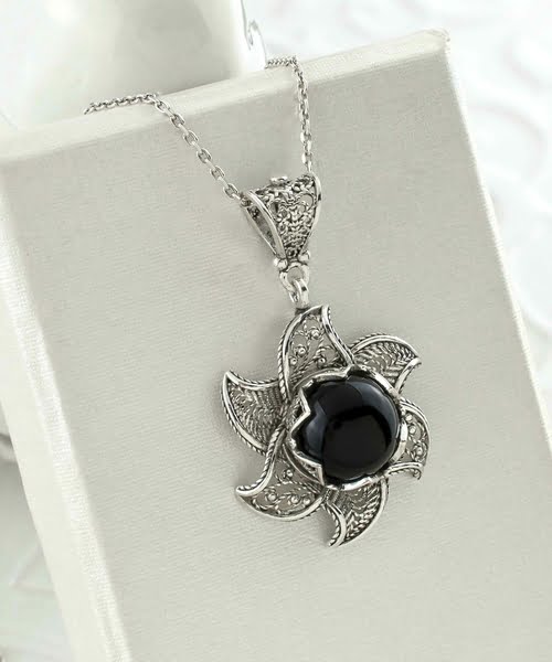 Sterling Silver Filigree Black Onyx Gemstone Blossoming Lotus Flower 3