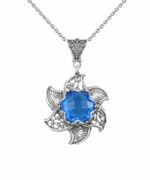 Sterling Silver Filigree Lotus Flower Pendant Blue Quartz Gemstones