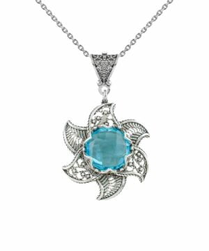 Sterling Silver Filigree Lotus Flower Pendant Blue Topaz Gemstones