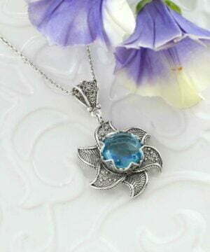 Sterling Silver Filigree Lotus Flower Pendant Blue Topaz Gemstones 1