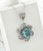 Sterling Silver Filigree Lotus Flower Pendant Blue Topaz Gemstones 2