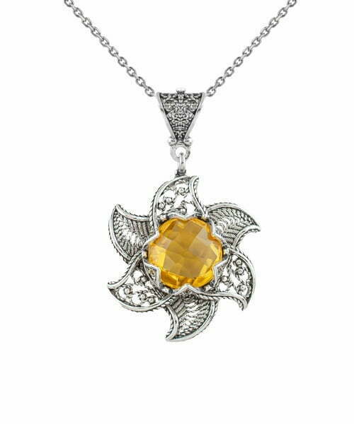 Sterling Silver Filigree Lotus Flower Pendant With Citrine Gemstones