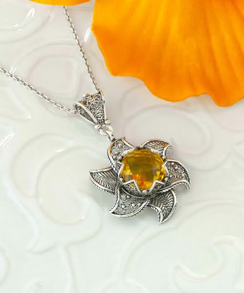 Sterling Silver Filigree Lotus Flower Pendant With Citrine Gemstones 2