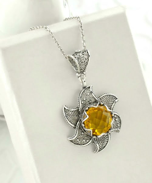 Sterling Silver Filigree Lotus Flower Pendant With Citrine Gemstones 3
