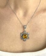 Sterling Silver Filigree Lotus Flower Pendant With Citrine Gemstones 1