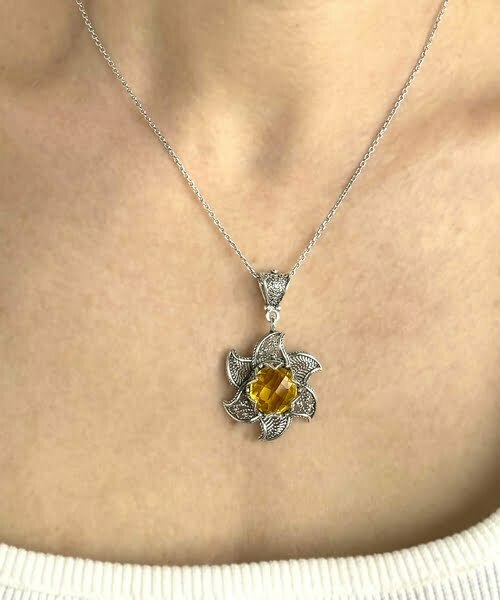 Sterling Silver Filigree Lotus Flower Pendant With Citrine Gemstones 1