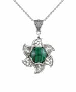 Sterling Silver Lotus Flower Pendant Necklace With Malachite Gemstones