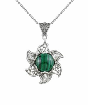 Sterling Silver Lotus Flower Pendant Necklace With Malachite Gemstones