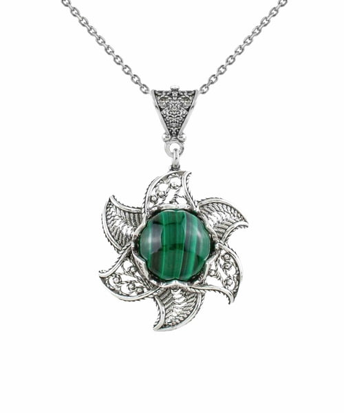 Sterling Silver Lotus Flower Pendant Necklace With Malachite Gemstones
