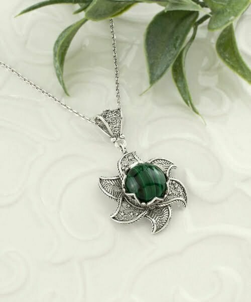 Sterling Silver Lotus Flower Pendant Necklace With Malachite Gemstones 2