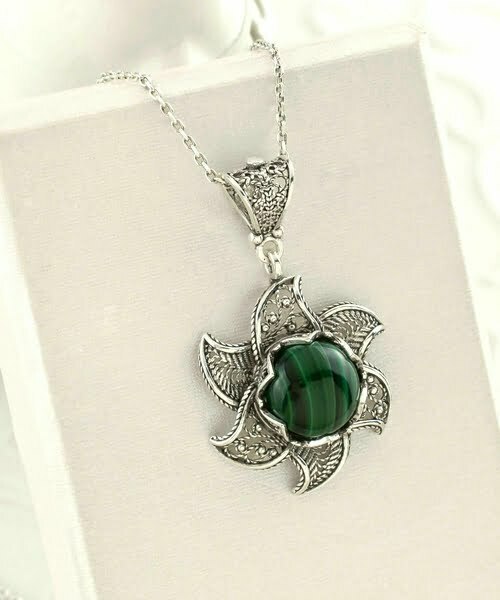 Sterling Silver Lotus Flower Pendant Necklace With Malachite Gemstones 3