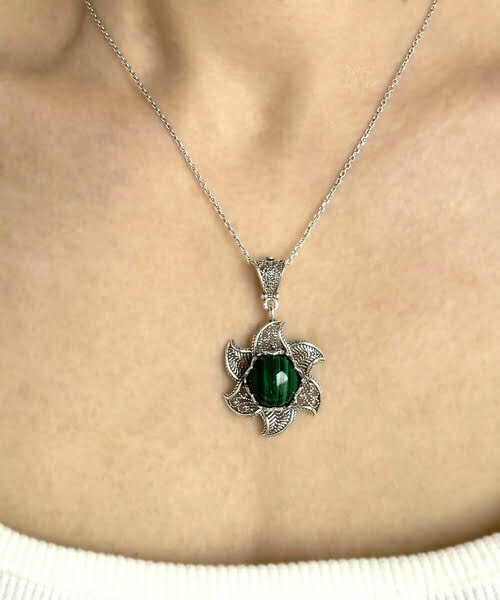 Sterling Silver Lotus Flower Pendant Necklace With Malachite Gemstones 1