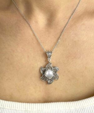 Freshwater Pearl Gemstones 925 Sterling Silver Filigree Art Lotus Flower Pendant Necklace 1