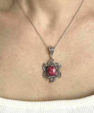 Sterling Silver Filigree Art 3D Lotus Flower Pendant with Gemstones