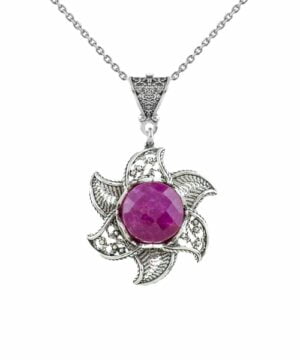 Sterling Silver Lotus Flower Pendant With Ruby Corundum Gemstones