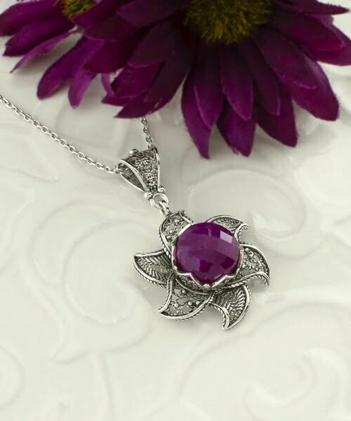 Sterling Silver Lotus Flower Pendant With Ruby Corundum Gemstones 2