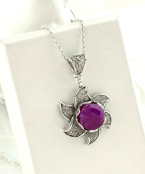 Sterling Silver Lotus Flower Pendant With Ruby Corundum Gemstones 3