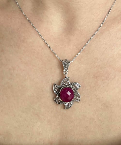 Sterling Silver Lotus Flower Pendant With Ruby Corundum Gemstones 1