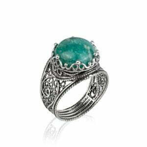 Sterling Silver Cocktail Ring Filigree Crown Design Amazonite Gemstone