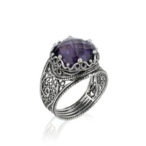 Sterling Silver Cocktail Ring Filigree Crown Design Amethyst Gemstone