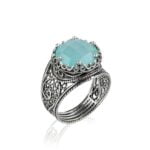 Sterling Silver Ring Filigree Crown Design Aqua Chalcedony Gemstone