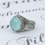 Sterling Silver Ring Filigree Crown Design Aqua Chalcedony Gemstone 3