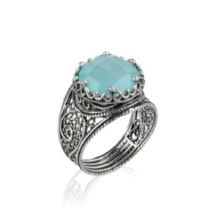 Sterling Silver Ring Filigree Crown Design Aqua Chalcedony Gemstone