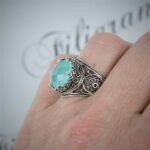 Sterling Silver Ring Filigree Crown Design Aqua Chalcedony Gemstone 1