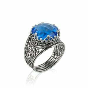 Sterling Silver Ring Filigree Crown Design Blue Quartz Gemstone