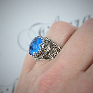 Sterling Silver Ring Filigree Crown Design Blue Quartz Gemstone 1