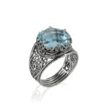 Sterling Silver Ring Filigree Crown Design Blue Topaz Gemstone