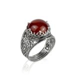 Sterling Silver Cocktail Ring Filigree Crown Design Carnelian Gemstone