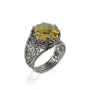 Sterling Silver Cocktail Ring Filigree Crown Design Citrine Gemstone