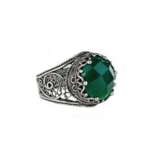 Sterling Silver Ring Filigree Crown Design Green Agate Gemstone