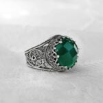 Sterling Silver Ring Filigree Crown Design Green Agate Gemstone 2