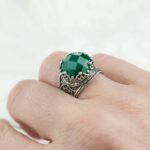 Sterling Silver Ring Filigree Crown Design Green Agate Gemstone 1