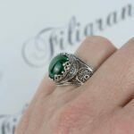 Sterling Silver Cocktail Ring Filigree Crown Design with Malachite Gemstone 1