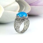 Handmade Filigree Art Teal Turquoise Gemstone Crown Design Sterling Silver Cocktail Ring for Women 2