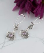 Sterling Silver Filigree Art Heart To Heart Dangle Earrings With Gemstone2