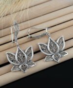 Silver Lotus Flower Filigree Art Dangle Earrings for Women2