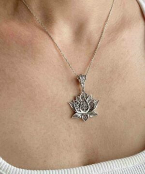 Silver Filigree Art Lotus Flower Woman Pendant Necklace1